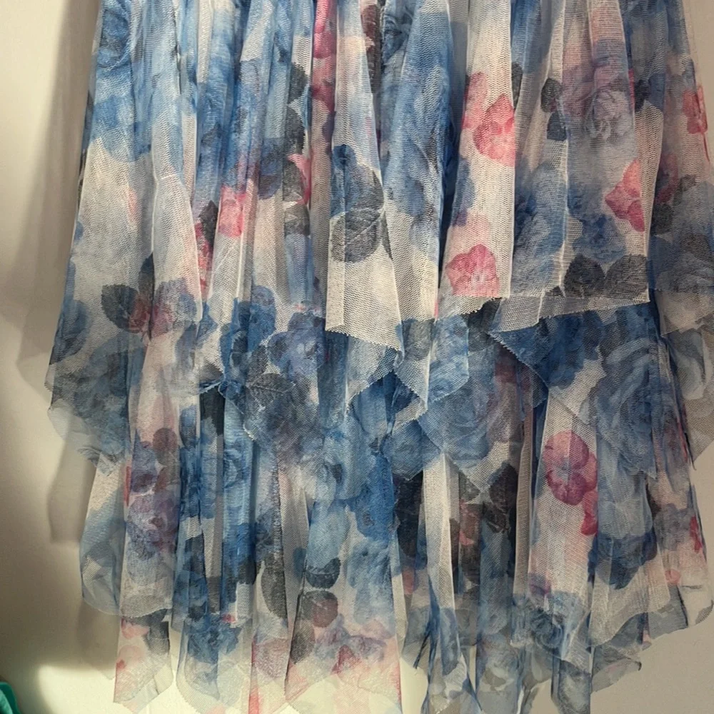 Justice denim & floral toule layered dress spring summer size 14 sleeveless flaw